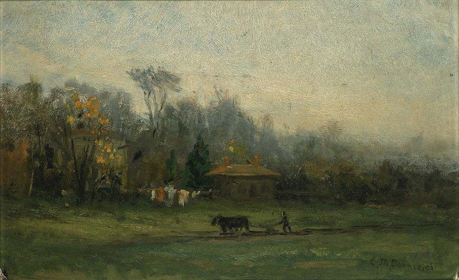 Edward Mitchell Bannister landscape with man plowing fields